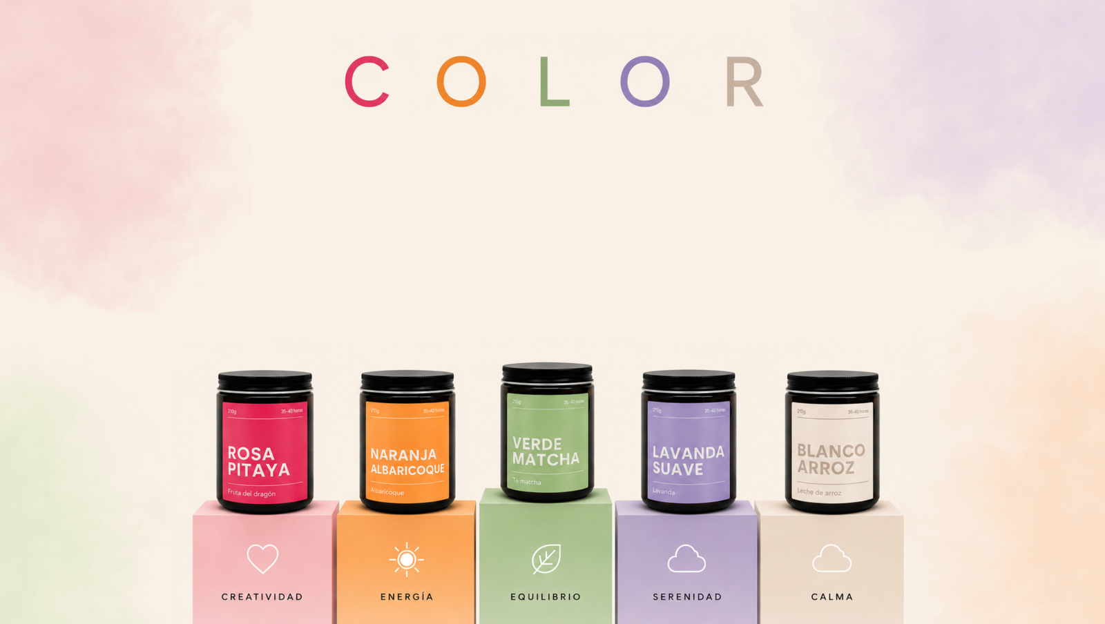 Colección verano velas artesanales cera de soja y fragancias de grasse COLOR, el color interpretado como aroma y sensación. Presentadas en caja de madera