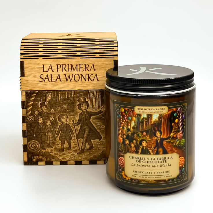 Vela literaria Charlie y la Fábrica de chocolate con caja de madera grabada