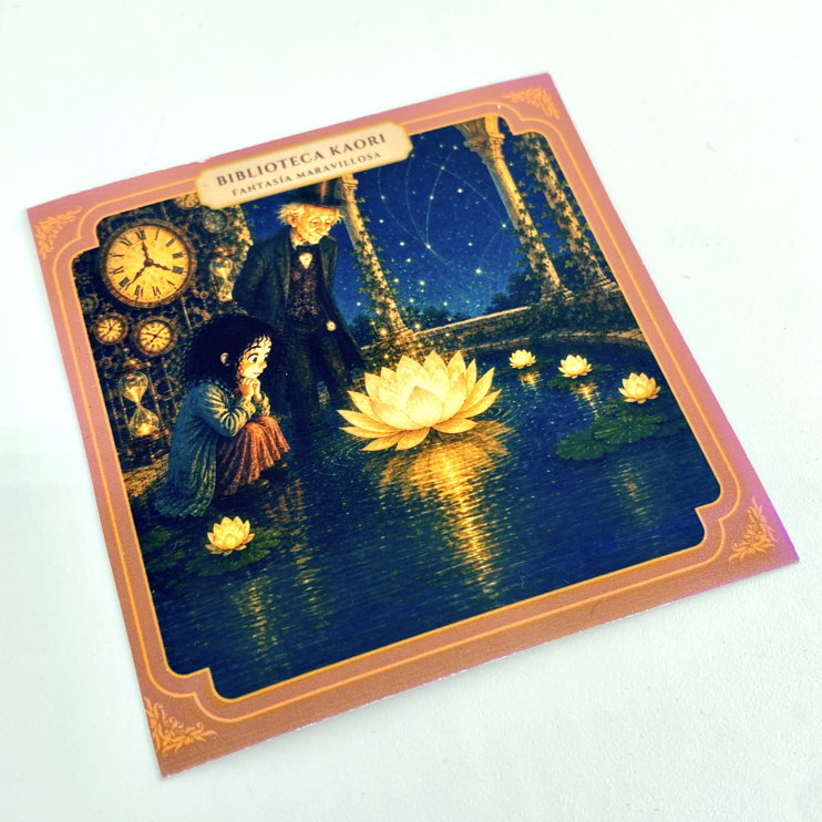 Tarjeta literaria iliustrada incluída con la vela Las flores del tiempo inspirada en Momo