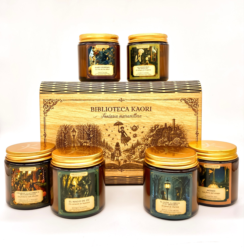 Pack de velas literarias Fantasía Maravillosa, con 6 velas, cofre de madera y tarjetas literarias