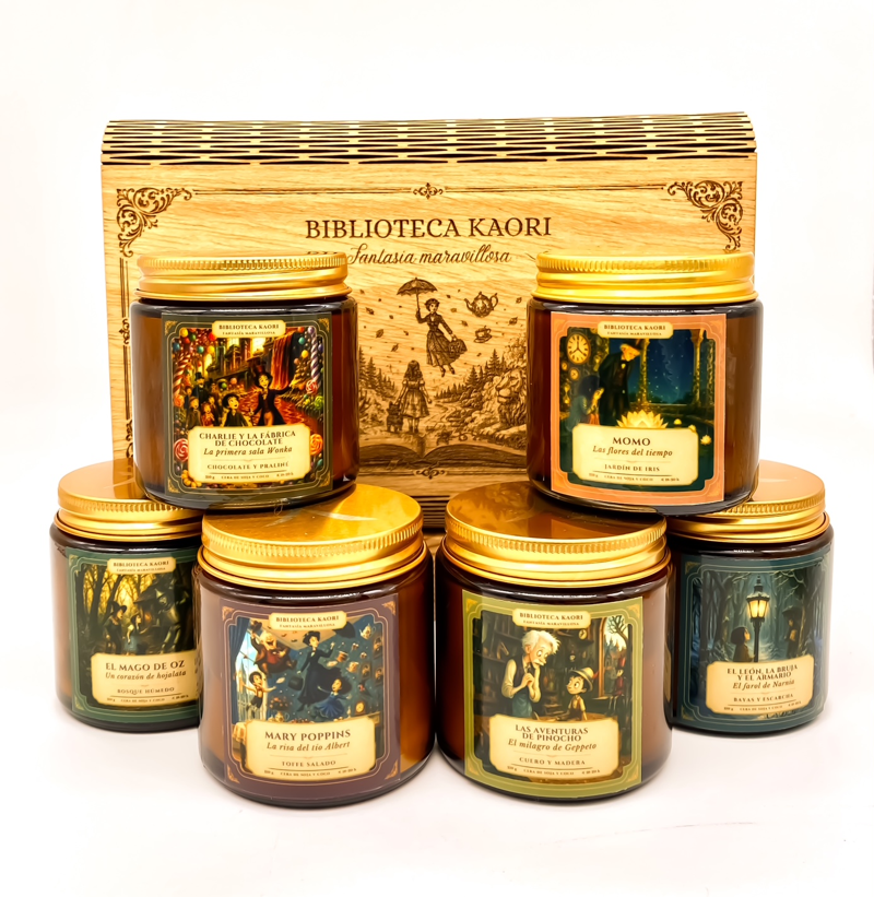 Cofre de madera con seis velas literarias de la colección Fantasía Maravillosa de Kaori Ambiente