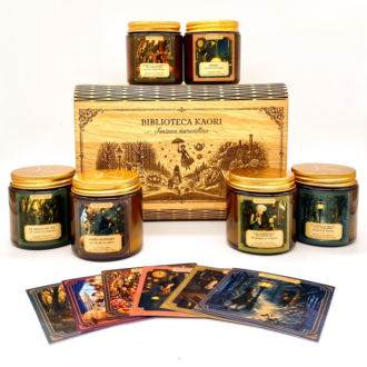 Pack de velas literarias Fantasía Maravillosa, con 6 velas, cofre de madera y tarjetas literarias