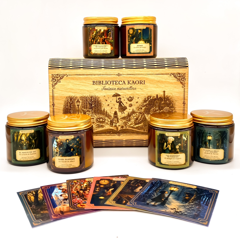 Pack de velas literarias Fantasía Maravillosa, con 6 velas, cofre de madera y tarjetas literarias