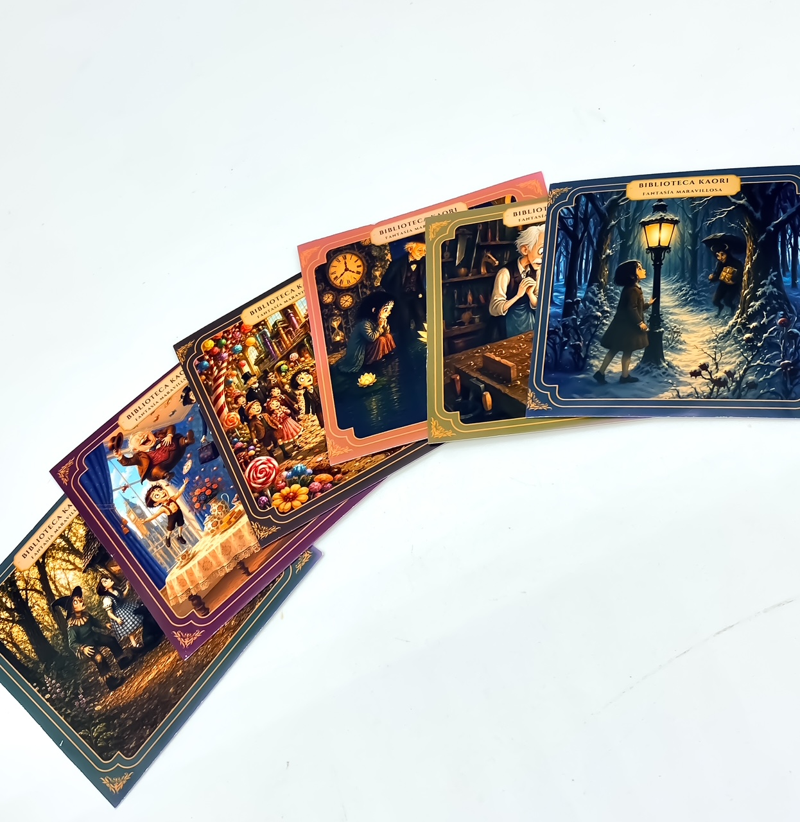 Seis tarjetas literarias ilustradas de la colección de velas literarias Fantasía maravillosa
