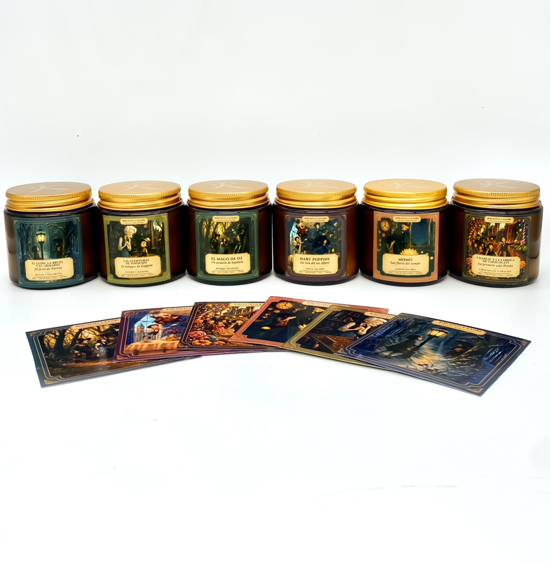 Cofre de madera con seis velas literarias de la colección Fantasía Maravillosa de Kaori Ambiente