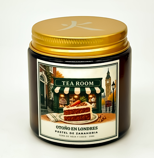 Vela otoño en Londres, elaborada de forma artesanal con cera de soja y coco, y fragancias de grasse. Aroma a pastel de zanahorias