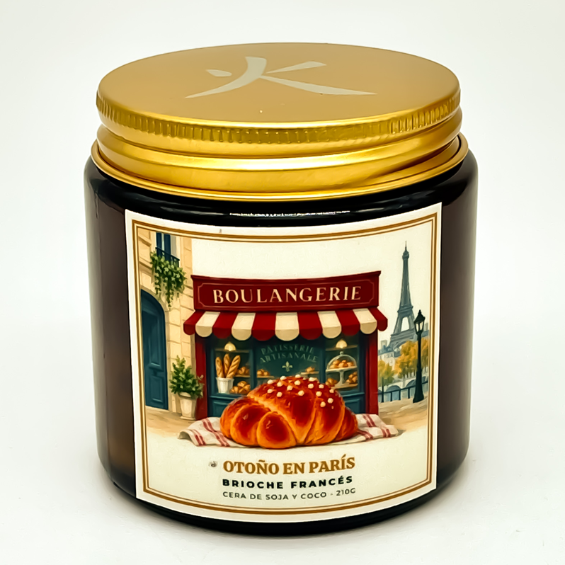 Vela artesanal de cera de soja Otoño en París con aroma a brioche francés