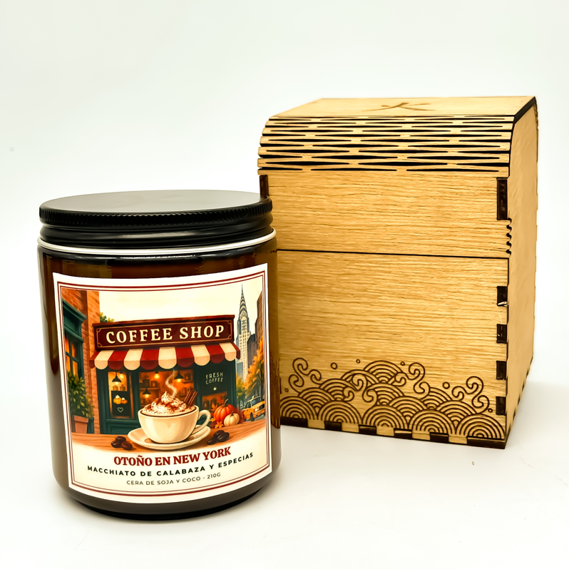Vela otoño en new york presentada en su caja de madera reutilizable