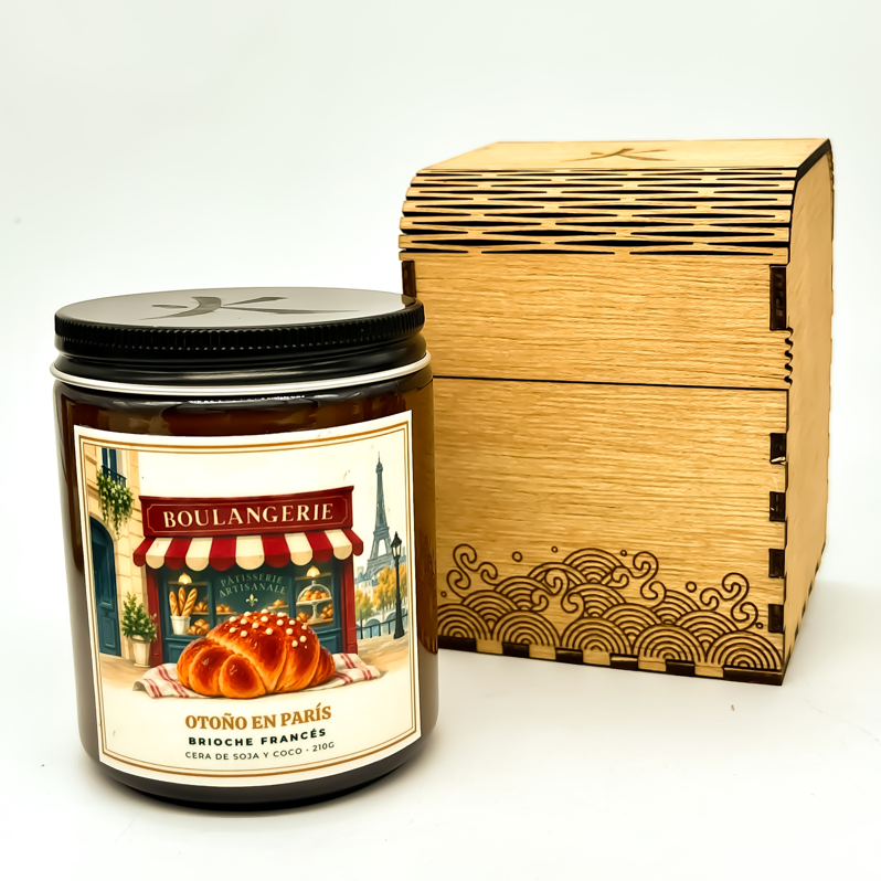 Vela otoño en parís presentada en caja de madera reutilizable