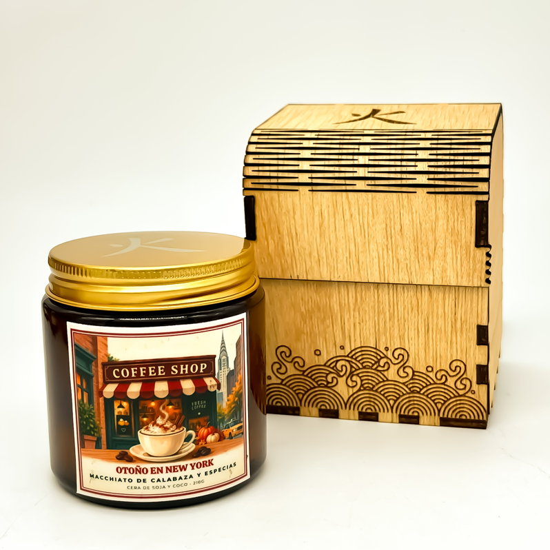 Vela otoño en new york presentada en su caja de madera reutilizable