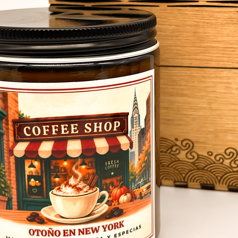 Vela otoño en new york presentada en su caja de madera reutilizable